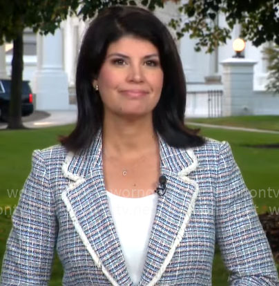 Natalie Brand's tweed blazer with white trim on CBS Mornings