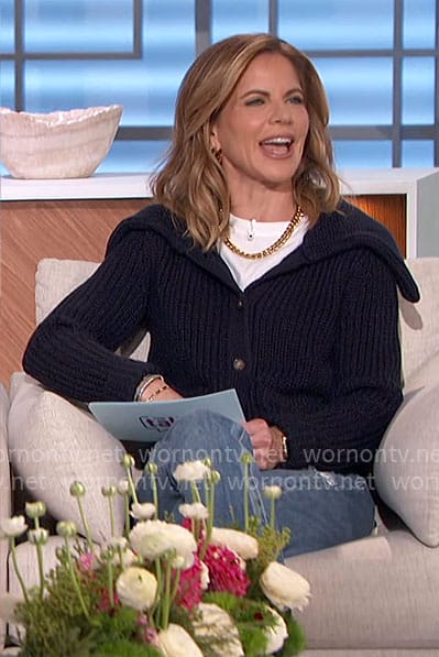 Natalie's navy wide collar cardigan on The Talk