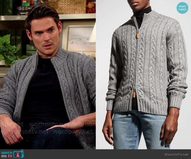 Neiman Marcus Merino Wool-Cashmere Full-Zip Cable Sweater worn by Adam Newman (Mark Grossman) on The Young and the Restless