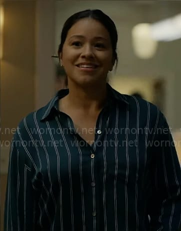 Nell's green striped button down shirt on Not Dead Yet