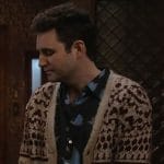 Nico’s fair isle cardigan and bird print shirt on Ghosts