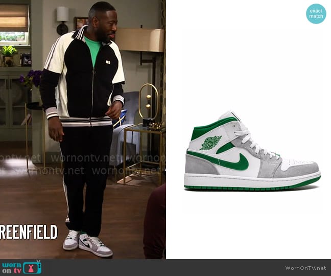 Nike Air Jordan 1 Mid SE Sneakers in Grey Pine Green White worn by Malcom (Sheaun McKinney) on The Neighborhood