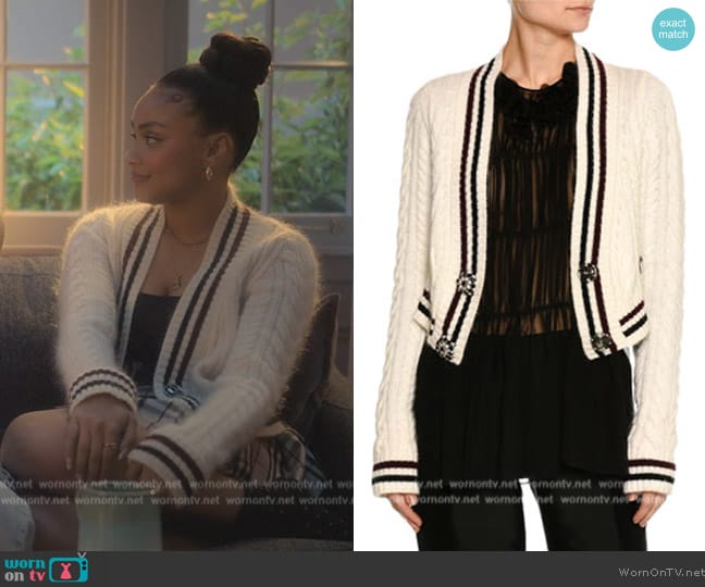 No. 21 Cable-Knit Button-Front Wool-Blend Cardigan Sweater worn by Kiela (Daniella Perkins) on Grown-ish