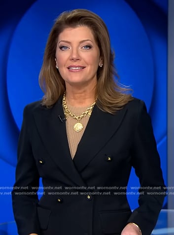 Norah's black double breasted blazer on CBS Evening News