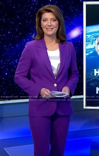 Norah’s purple blazer and pants on CBS Evening News