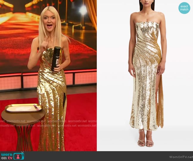 Oscar de la Renta Sequinned wave midi dress worn by Zanna Roberts Rassi on The Drew Barrymore Show