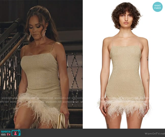 Oseree Gold Lumiere Plumage Minidress worn by Ashley Darby on The Real Housewives of Potomac