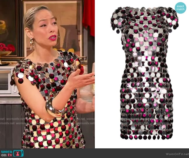 Paco Rabanne Mirror Disc Chain Mini Dress worn by Pilar Valdes on The Drew Barrymore Show