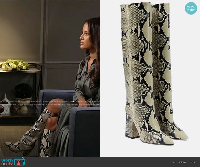 Paris Texas Anja Snake-Print Leather Knee-High Boots worn by Rocsi Diaz on Good Morning America