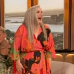 Paula Pell’s coral printed wrap dress on The Drew Barrymore Show