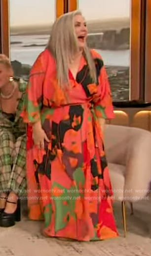 Paula Pell’s coral printed wrap dress on The Drew Barrymore Show