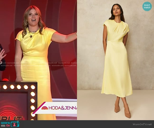 Pearl by Lela Rose Satin Crepe Draped Midi Dress in Butter worn by Jenna Bush Hager on Today