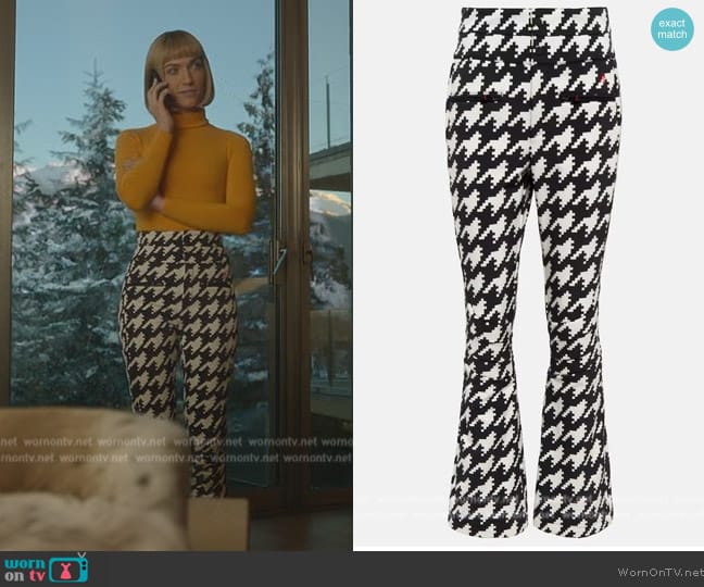 Imogene’s houndstooth print pants on Death and Other Details