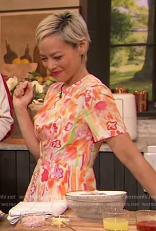 Pilar Valdes's floral print short sleeve dress on The Drew Barrymore Show