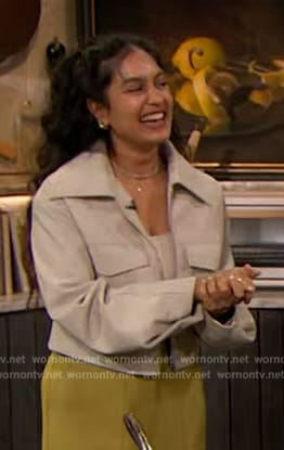 Radi Devlukia-Shetty's ivory leather jacket on The Drew Barrymore Show