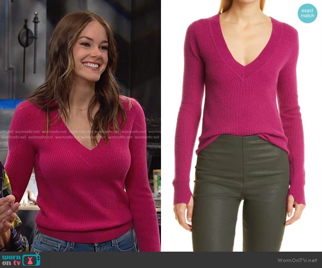 Rag & Bone Pierce Cashmere Slim Fit V-neck Sweater in Plum worn by Stephanie Johnson (Abigail Klein) on Days of our Lives