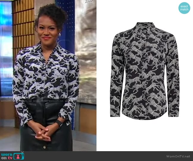 Rails Kate Printed Silk Button-Front Shirt in Black Lynx worn by Janai Norman on Good Morning America