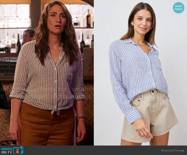 Rails Charli Shirt in Blue Stripe Daisy Embroidered worn by Dawn Solano (Sara Bareilles) on Girls5eva