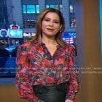 Rebecca’s floral print blouse and black leather skirt on Good Morning America