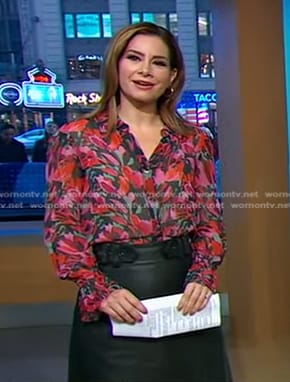 Rebecca’s floral print blouse and black leather skirt on Good Morning America