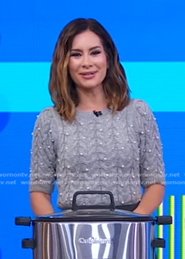 Rebecca’s grey pearl embellished sweater on Good Morning America