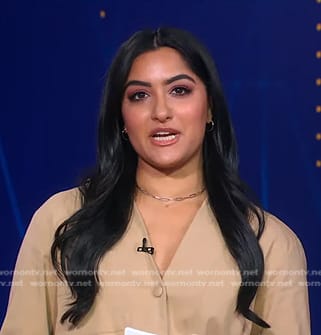 Reena’s beige v-neck shirtdress on Good Morning America