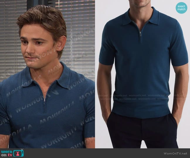 Reiss Maxwell Short Sleeve Merino Zip Polo Shirt in Airforce worn by Johnny DiMera (Carson Boatman) on Days of our Lives