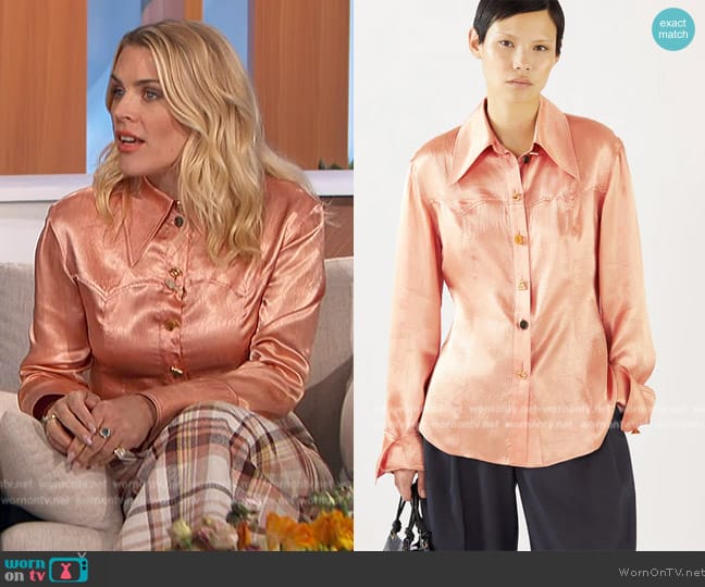 Rejina Pyo Camille Shirt Acetate Satin Pink worn by Busy Phillips on The Talk