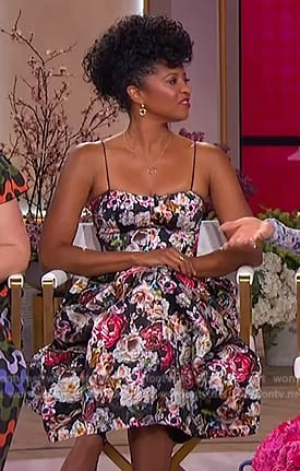 Renee Elise Goldsberry’s black floral print dress on The Jennifer Hudson Show