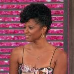 Renee Elise Goldsberry’s black floral print dress on Access Hollywood