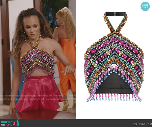 Retrofete Crystal-embellished halterneck top worn by Ashley Darby on The Real Housewives of Potomac