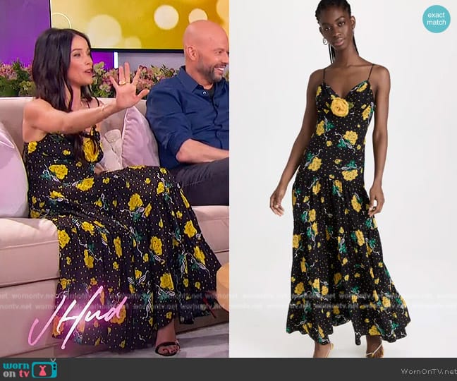 Rodarte Yellow Rose Printed Silk Tiered Dress with Silk Flower worn by Abigail Spencer on The Jennifer Hudson Show