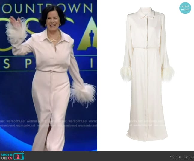 Roland Mouret Feather-embellished maxi shirtdress worn by Marcia Gay Harden on Live with Kelly and Mark