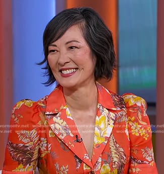 Rosalind Chao’s red floral flare shirtdress on Good Morning America