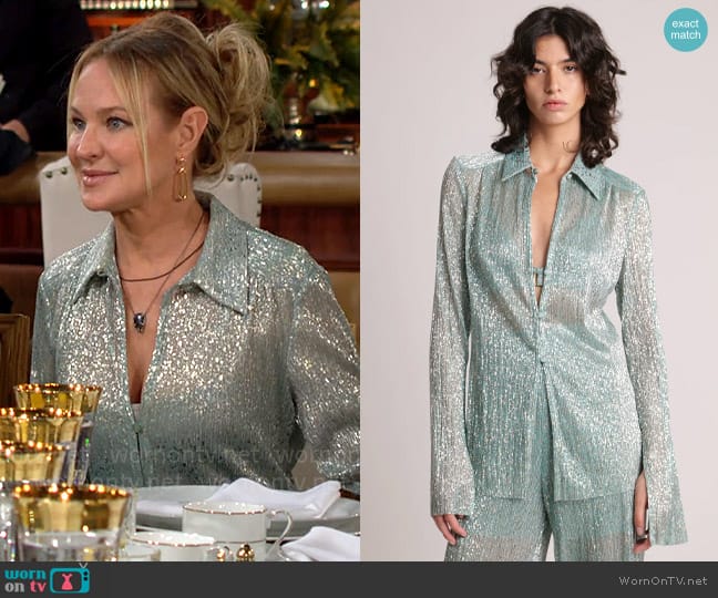 Sabina Musayev Lital Top in Sage Blue worn by Sharon Newman (Sharon Case) on The Young and the Restless