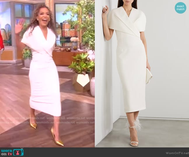 Safiyaa Flora cape-effect crepe midi dress worn by Sunny Hostin on The View