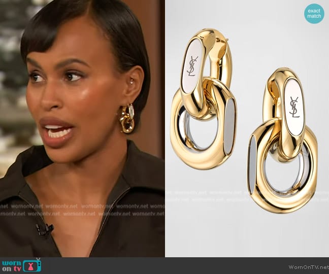 Saint Laurent YSL Logo Imprinted Duo Link Earrings worn by Sabrina Elba on The Drew Barrymore Show