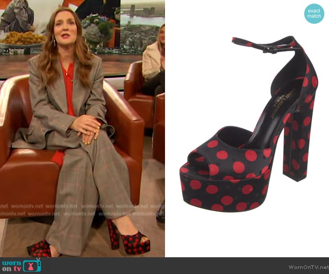 Saint Laurent Satin Polka Dot Print Sandals worn by Drew Barrymore on The Drew Barrymore Show