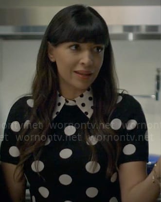 Sam’s polka dot collared top on Not Dead Yet