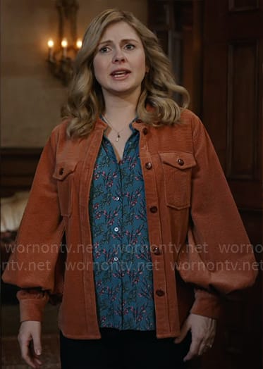 Sam's blue floral top and corduroy jacket on Ghosts