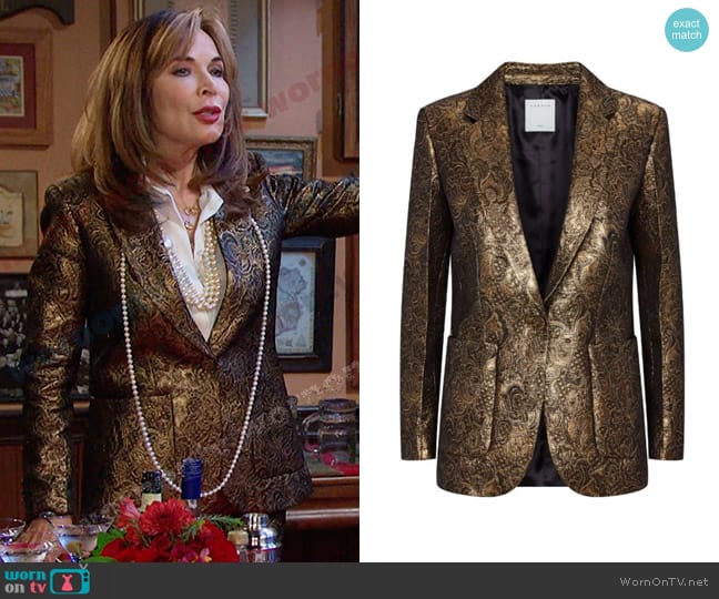 Sandro Metallic Floral-embroidered Jacket in Gold worn by Kate Roberts (Lauren Koslow) on Days of our Lives