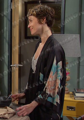 Sarah's black lace trim chemise and floral robe on Days of our Lives