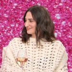 Sara Bareilles’s white crochet knit sweater on Access Hollywood