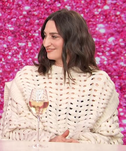 Sara Bareilles's white crochet knit sweater on Access Hollywood