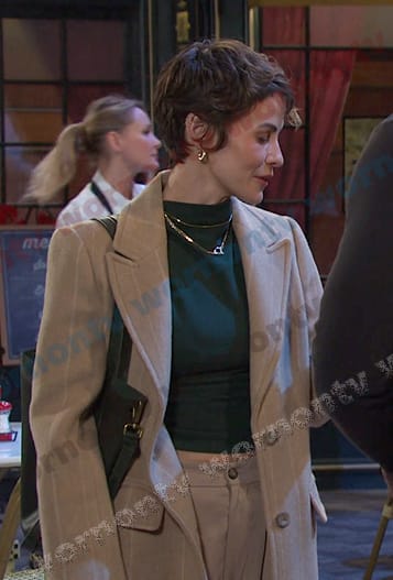 Sarah's beige pinstripe coat on Days of our Lives