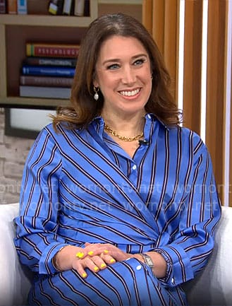 Sarah Gelman's blue striped wrap shirtdress on CBS Mornings