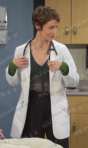 Sarah’s green striped ribbed cardigan sweater on Days of our Lives