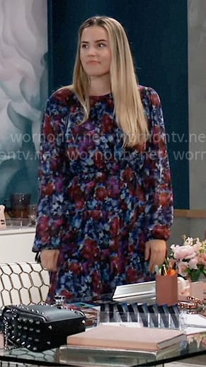 Sasha’s blue and red floral long sleeved dress on General Hospital