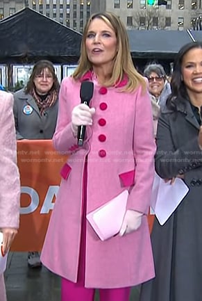 Savannah’s pink scalloped contrast coat on Today