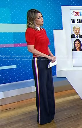 Savannah's red puff sleeve sweater and side stripe pants on Today